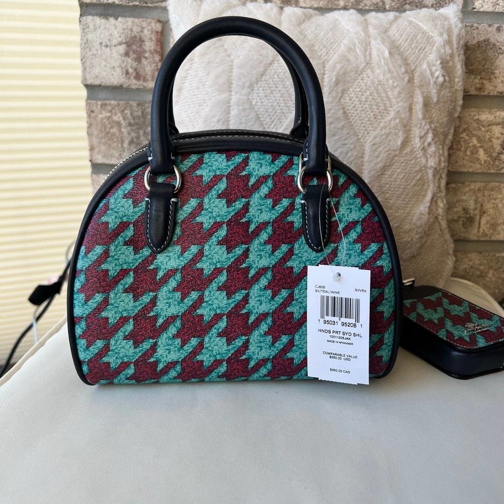 COACH Navy Sydney Satchel With Houndstooth Print NWT - Picture 4 of 5